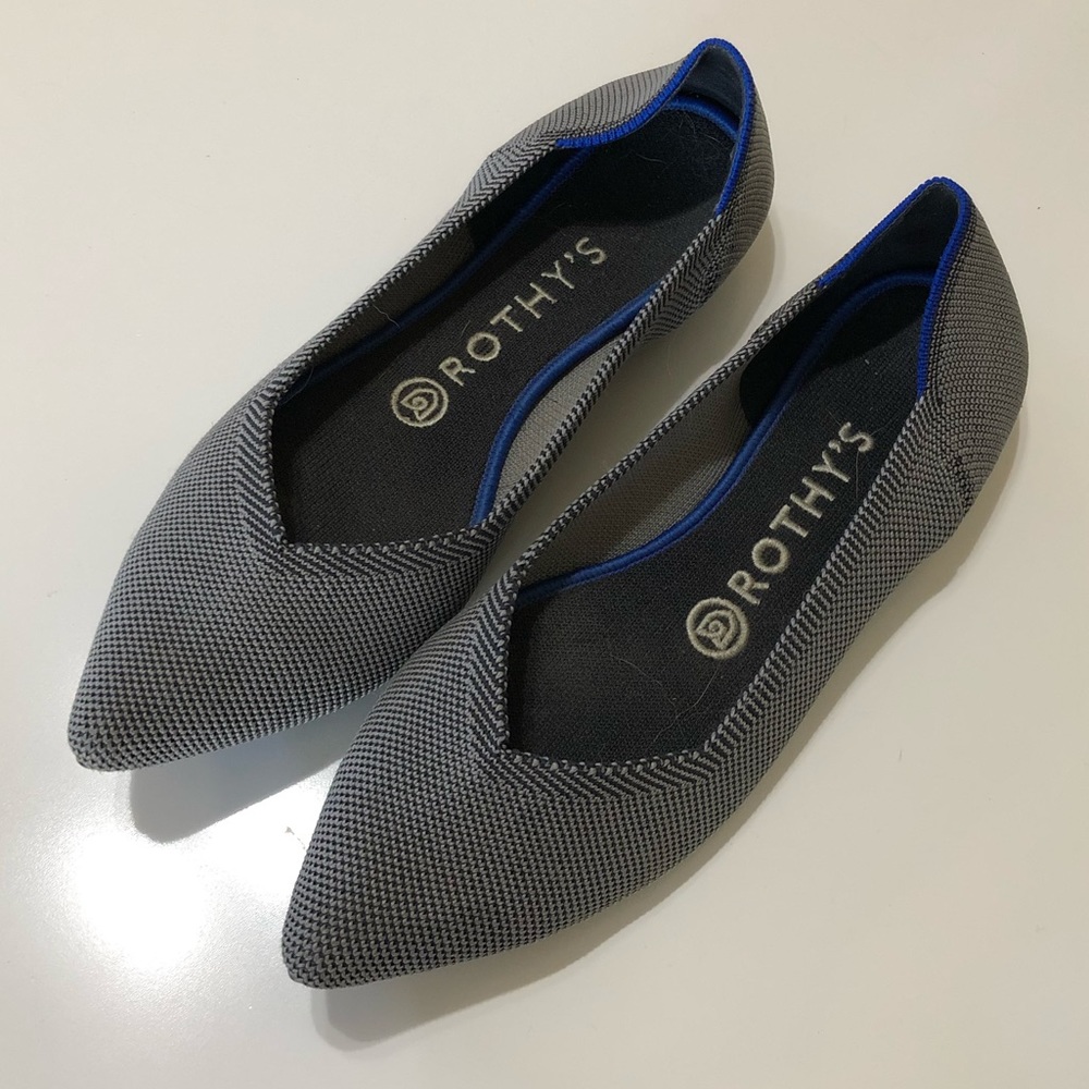 Rothy's Gray Pointed Flats with Blue Trim
